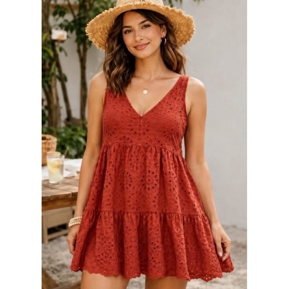 Loft Women's Burnt Orange Mini Dress Sz S Cotton Eyelet Lined Sleeveless Tiered